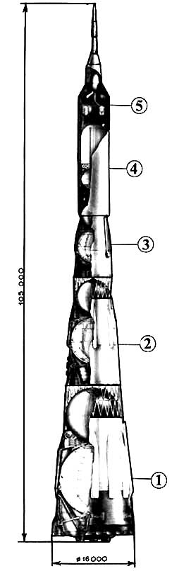 Ракетно-космическая система Н1-Л3М: 1 - блок А /первая ступень\; 2 - блок Б /вторая ступень\; 3 - блок В /третья ступень\; 4 - кислородно-водородный блок /четвертая ступень\; 5 - лунный корабль /полезная нагрузка\